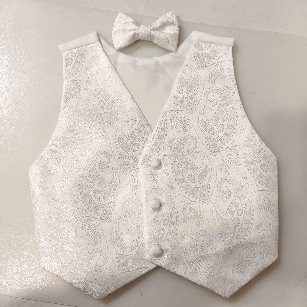 Boy's White Pasley Vest and Bow Tie 3